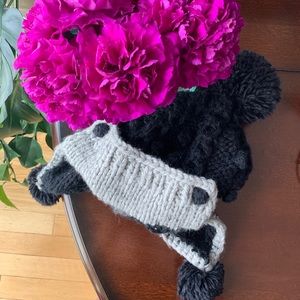 Black and Grey Knit Beanie with Poms